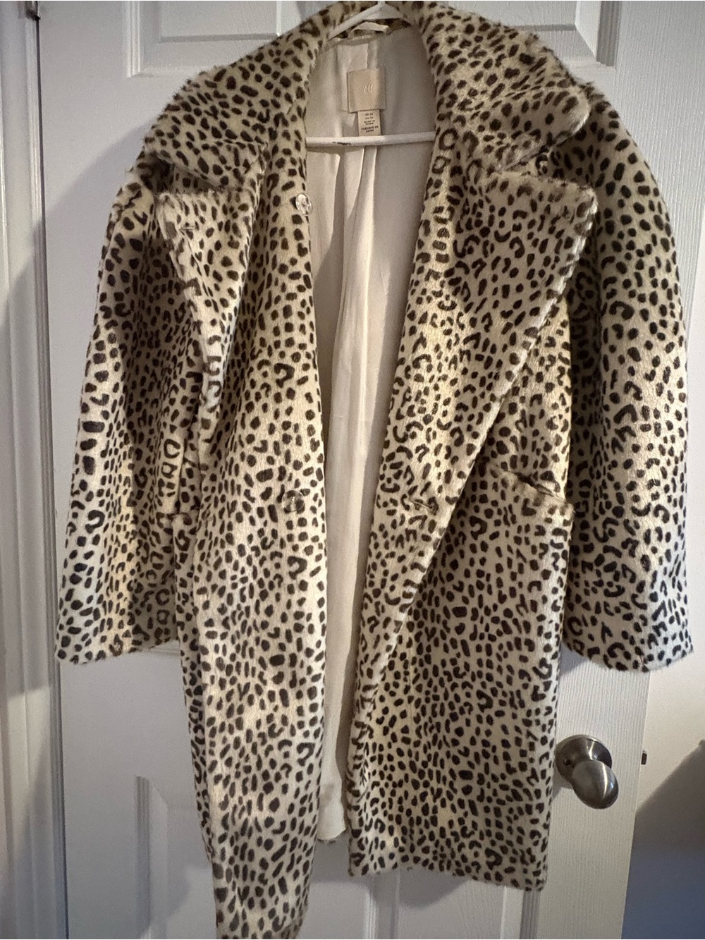 H&M Leopard Print Faux Fur Pea Coat - Cream and Black